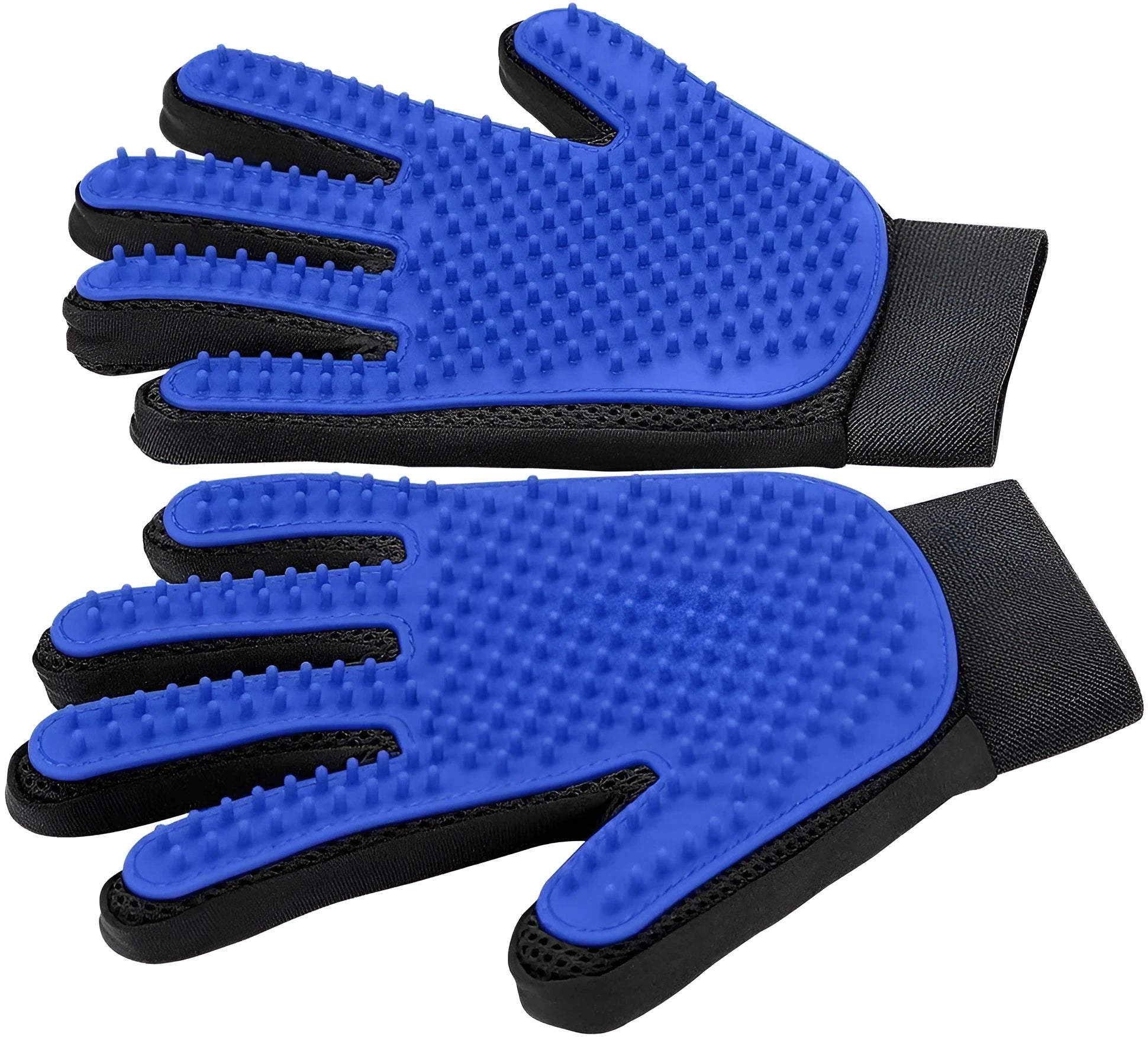 Blue pet grooming glove with silicone tips for brushing dogs and cats.