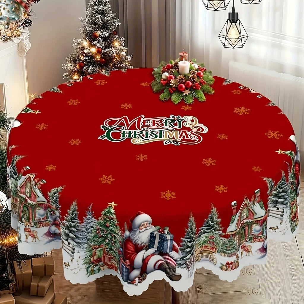 Round 152cm polyester tablecloth with printed Christmas snowflake and Santa Claus pattern on a dining table