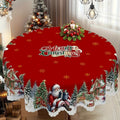Round 152cm polyester tablecloth with printed Christmas snowflake and Santa Claus pattern on a dining table