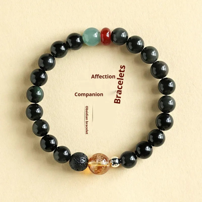 Chinese style couple bracelet with obsidian and agate jade beads in 8mm and 10mm size options.