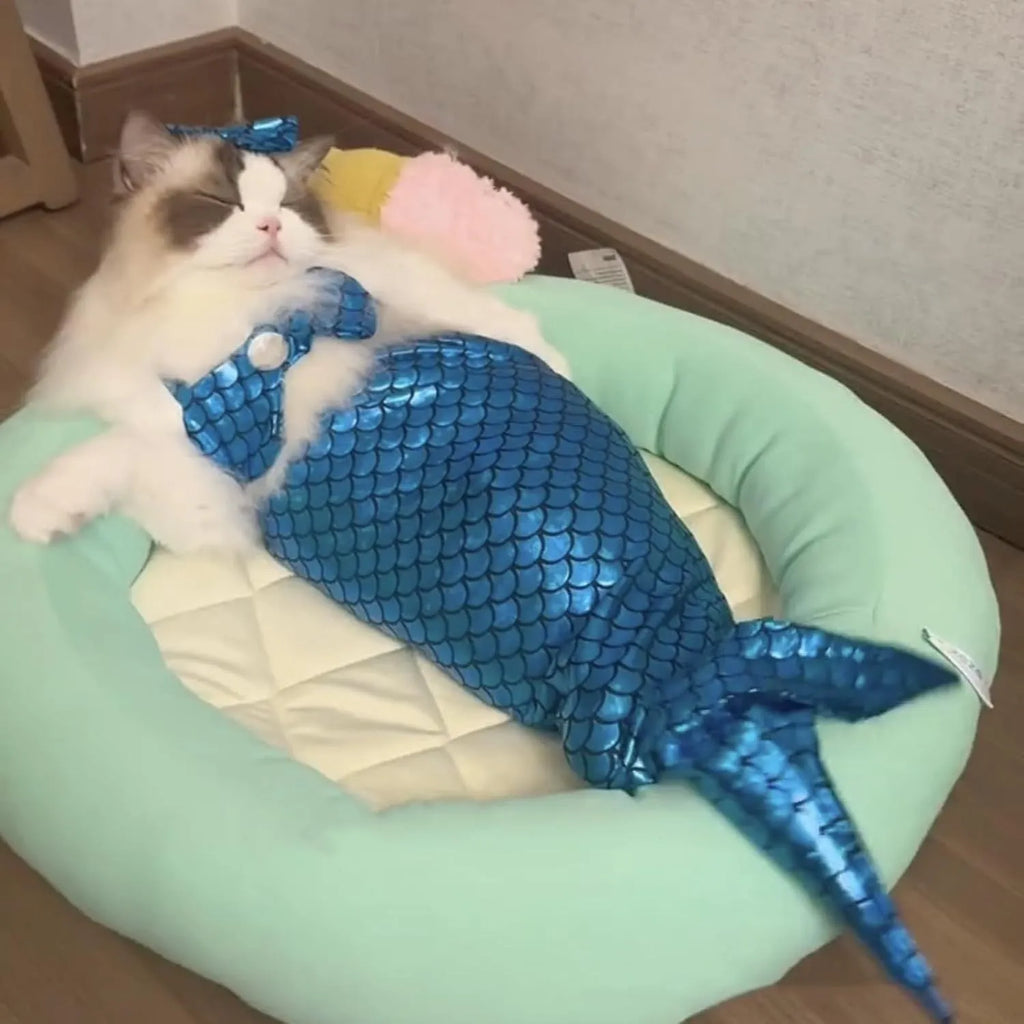 Blue pet mermaid costume with scale pattern on a cat, showing elastic chest strap and long fishtail.