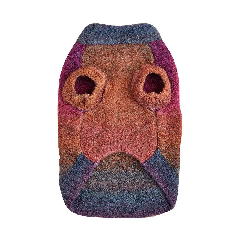 Colourful rainbow circle pattern dog sweater in soft wool acrylic blend fabric