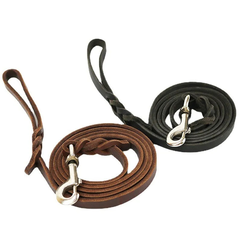 Thickened cowhide dog walking rope in light brown and black colours with multiple length options
