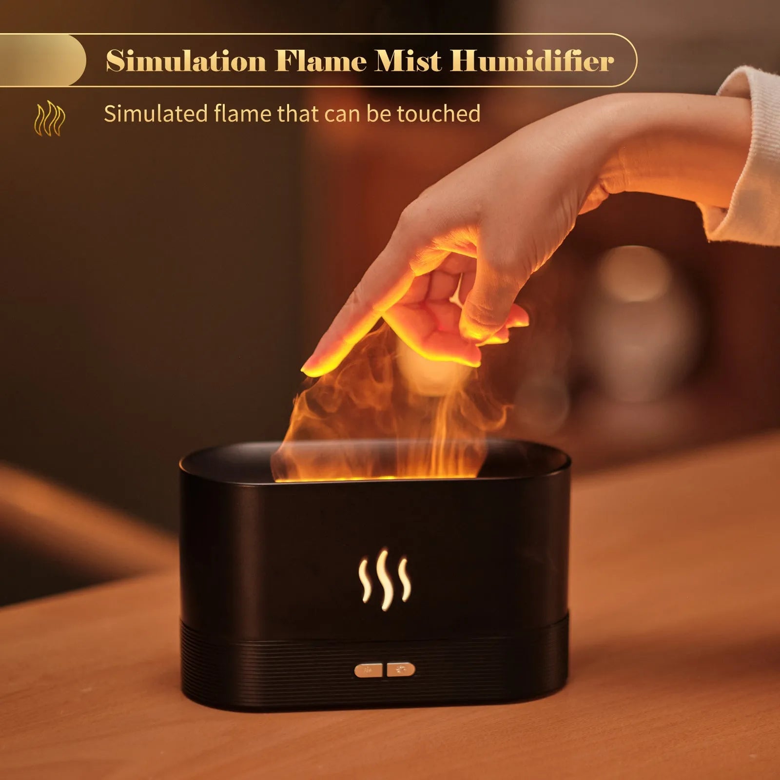 Ultrasonic aroma diffuser with flame light, black, 75x75x137mm, on wooden table with mist