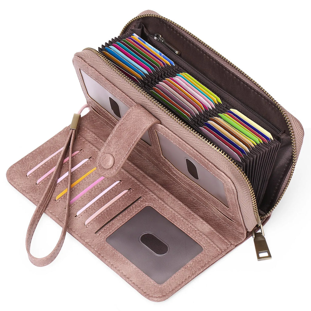 Expanding card holder women's long wallet in light brown PU leather with sewing line detail and anti-theft swiping feature.