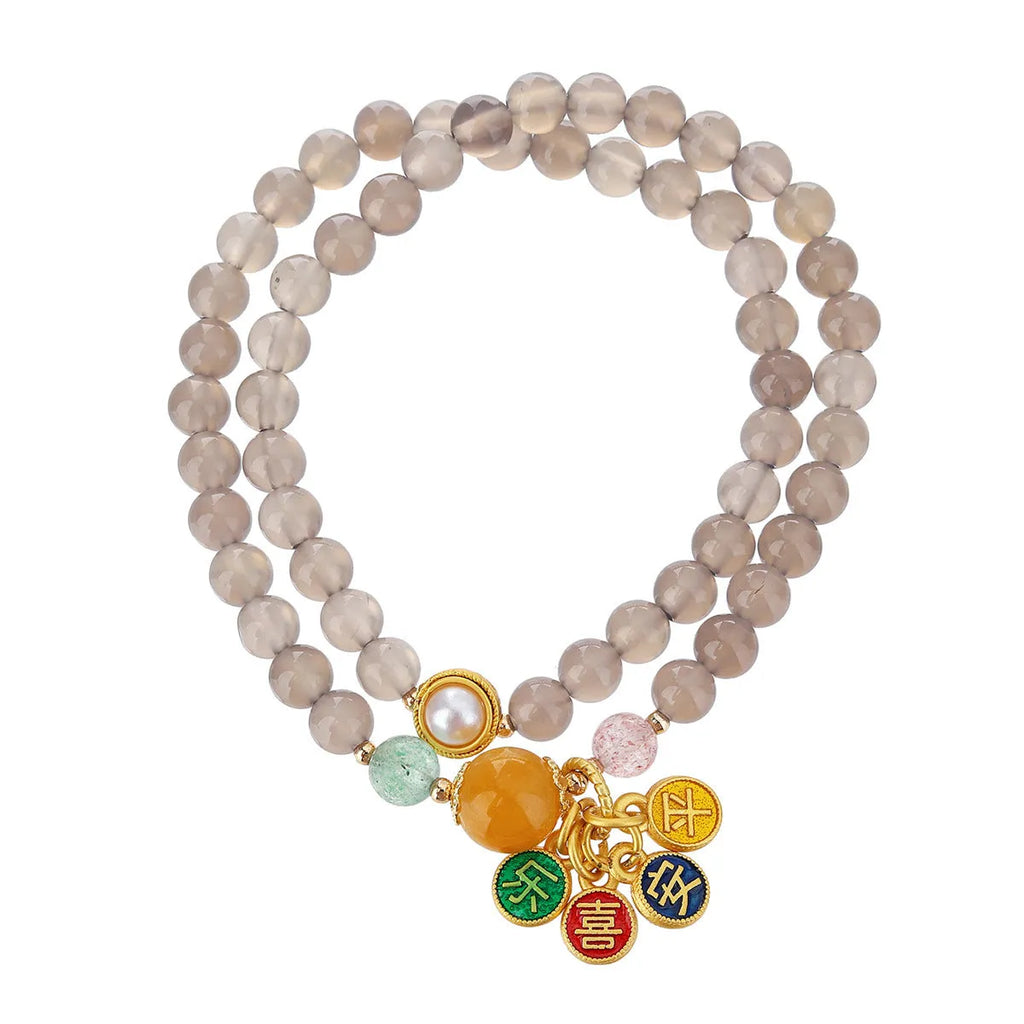 Natural gray agate bracelet with two-circle retro design for women.