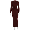 Long sleeve fitted waist pleated long dress in solid colour high waist one-step style