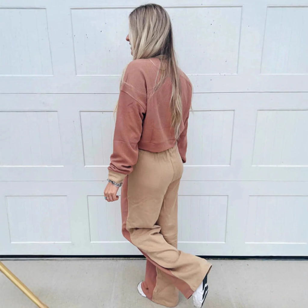 Women's camel cotton tracksuit set with matching top and trousers