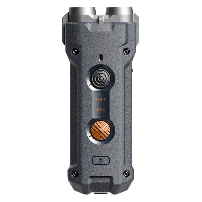 Grey high power ultrasonic dog repellent with ABS shell, 260x41mm, on outdoor surface with charging cable and hanging rope