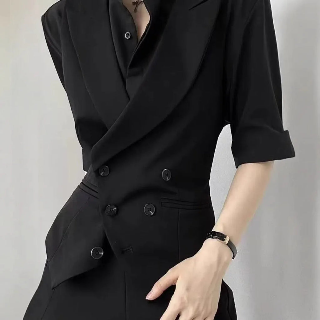 Black polyester leisure business cardigan vest with straight hem, loose fit, front view