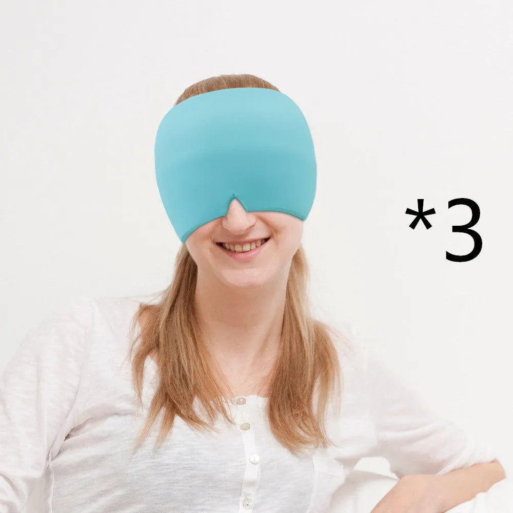 Black reusable ice gel headache relief eye mask on a white background.
