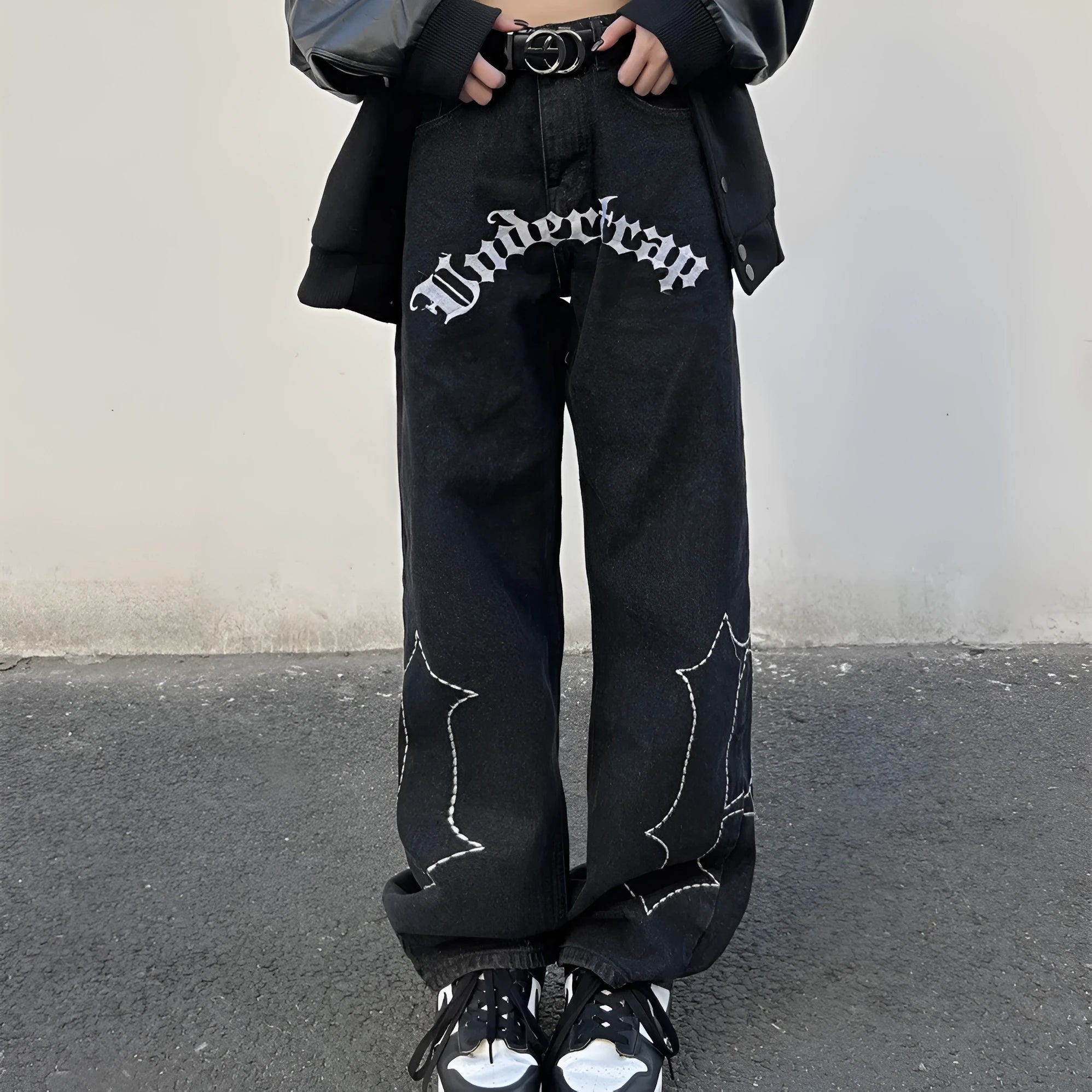 European American Style Letter Embroidered Jeans Straight Trousers Black Cotton Denim Cowboy Fabric No Stretch M L XL 2XL 3XL 4XL