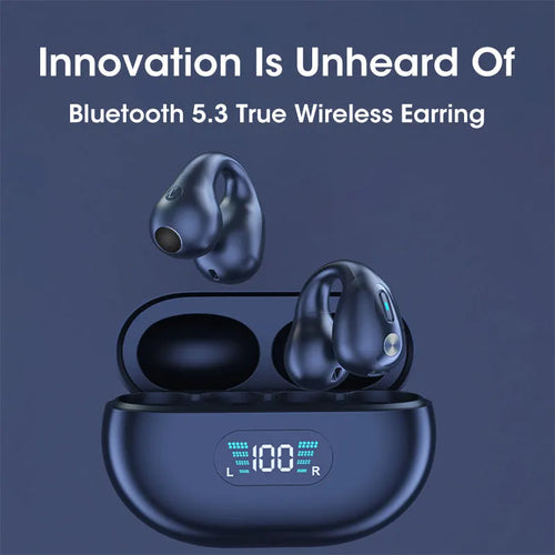 Bone conduction Bluetooth headset clip in black, white, or khaki colours showing ear-clip design