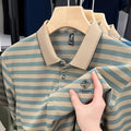 Striped red men's short sleeve t-shirt with a mosaic pattern detail on the front.