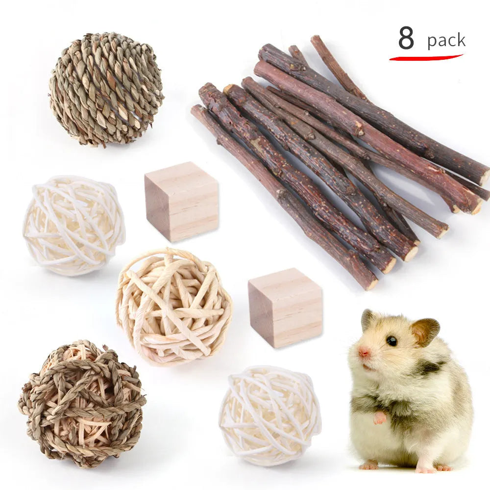 Wooden pet toy set with straw mats and woven balls for rabbits and guinea pigs