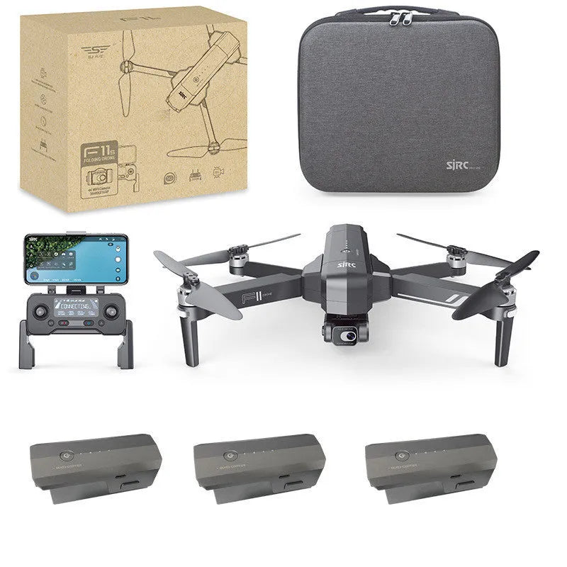Black F11s PRO GPS folding drone with 4K camera and gimbal, shown in both expanded and compact folded sizes.