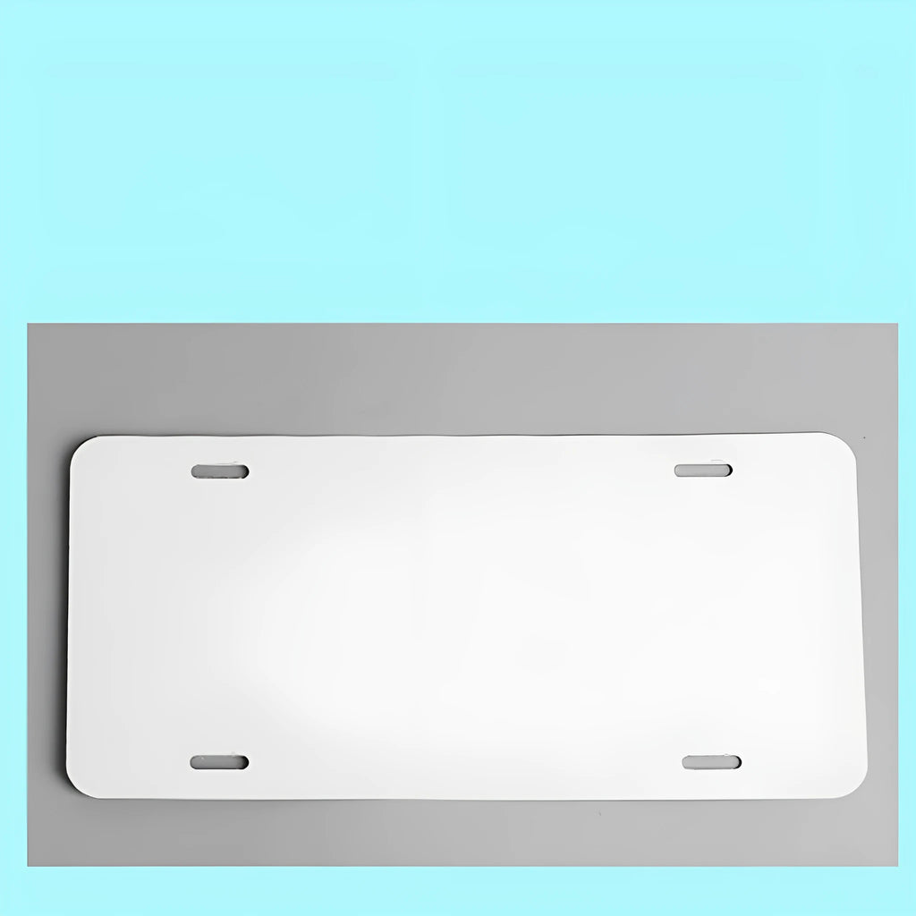 A white rectangular aluminium sheet blank for making a car licence plate, showing size and thickness options.