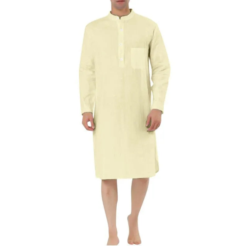 Men's cotton shirt robe in light blue with front pocket and long sleeves on a model