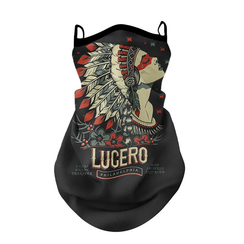 Lycra spandex full face and neck protection sun mask showing skull and floral design options