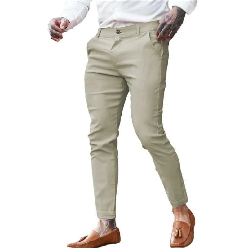 Men's high-stretch cotton-twill slim pencil trousers in solid colour, mid waist with zipper fly