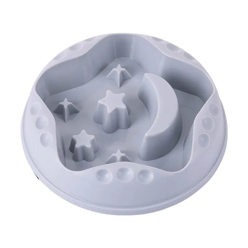 Large pet slow feeder bowl with moon and star obstacles inside, shown in blue colour.