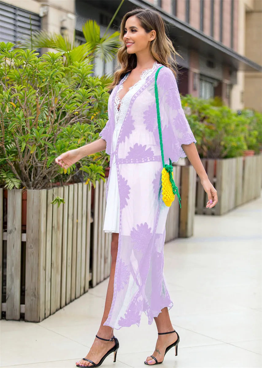Light purple lace embroidery beach cardigan for women, designed for swimming and wading.