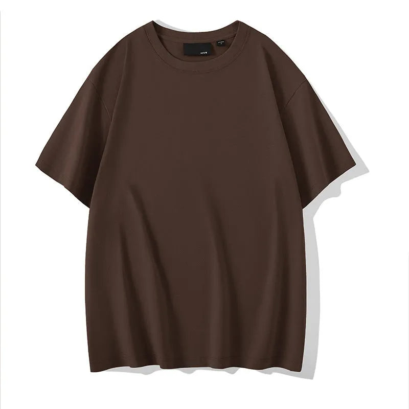 Loose fit men's cotton t-shirt with round neck and drop-shoulder sleeves in solid colour