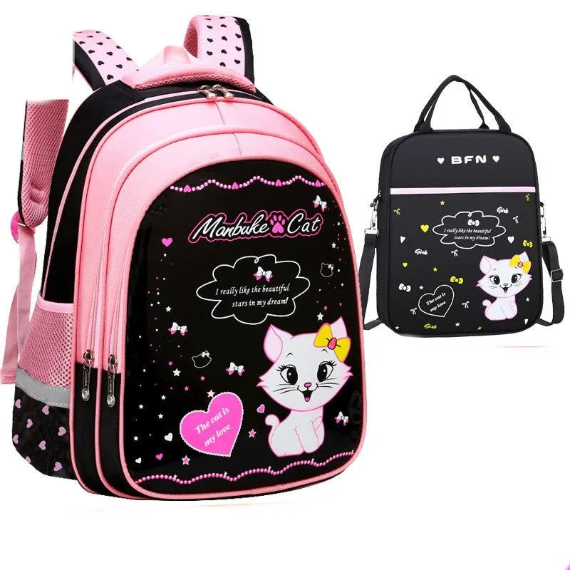 Kids school cute cat print nylon backpack with load-reducing design and computer pocket in pink and black colourway.