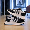 Ladies' thick soled casual shoes with stripe pattern, synthetic leather upper, round toe, in black, yellow, and coffee colours