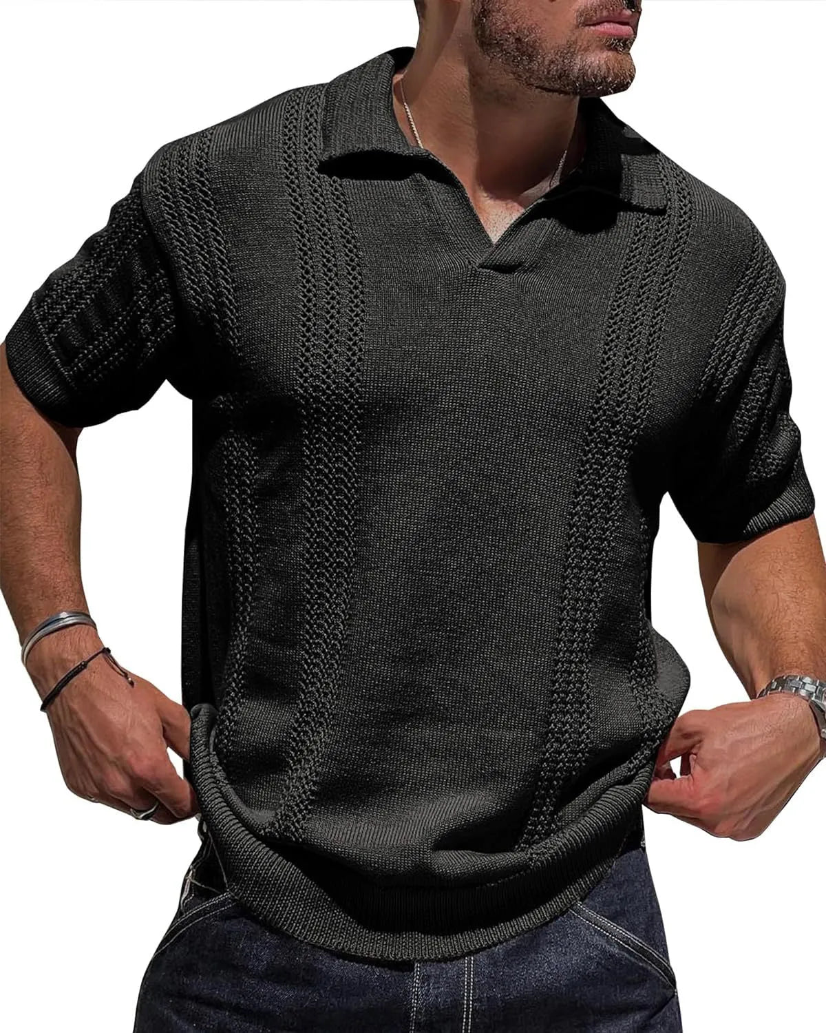 Men's knitted polo shirt short sleeve V-neck hollow in black cotton blend loose fit