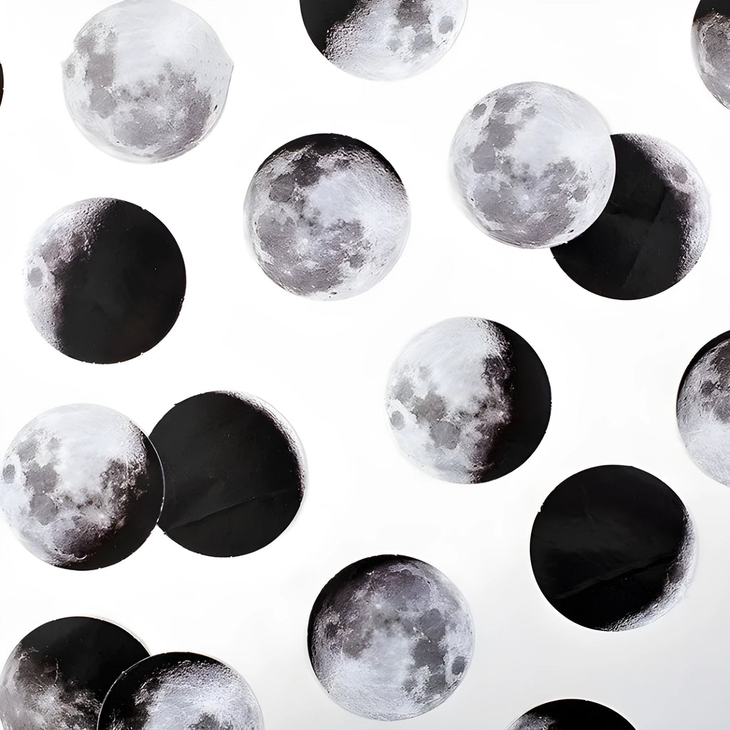 Black moon phase and planet decorative sticker set with 45 pieces on self-adhesive paper.