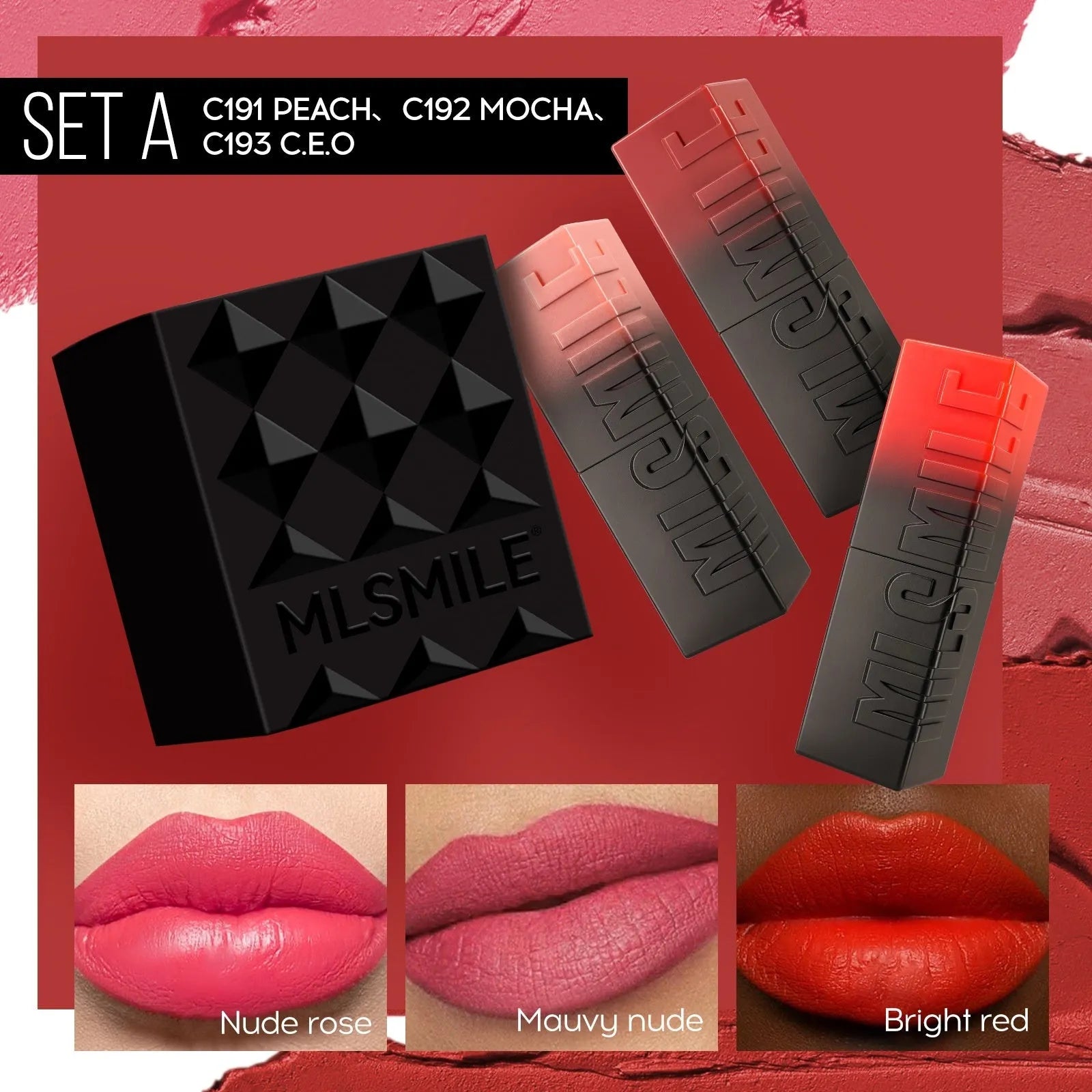 MLSMILE embossed lipstick three piece set showing three tubes in packaging box