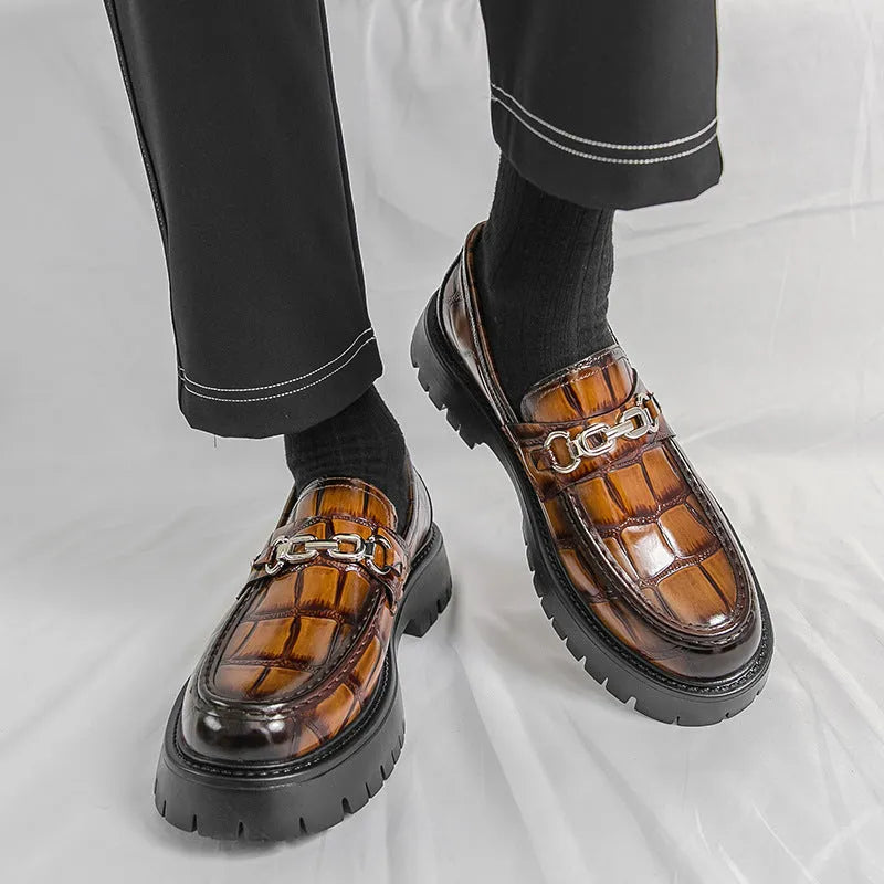 Men's black crocodile pattern leather platform loafers with flat heel