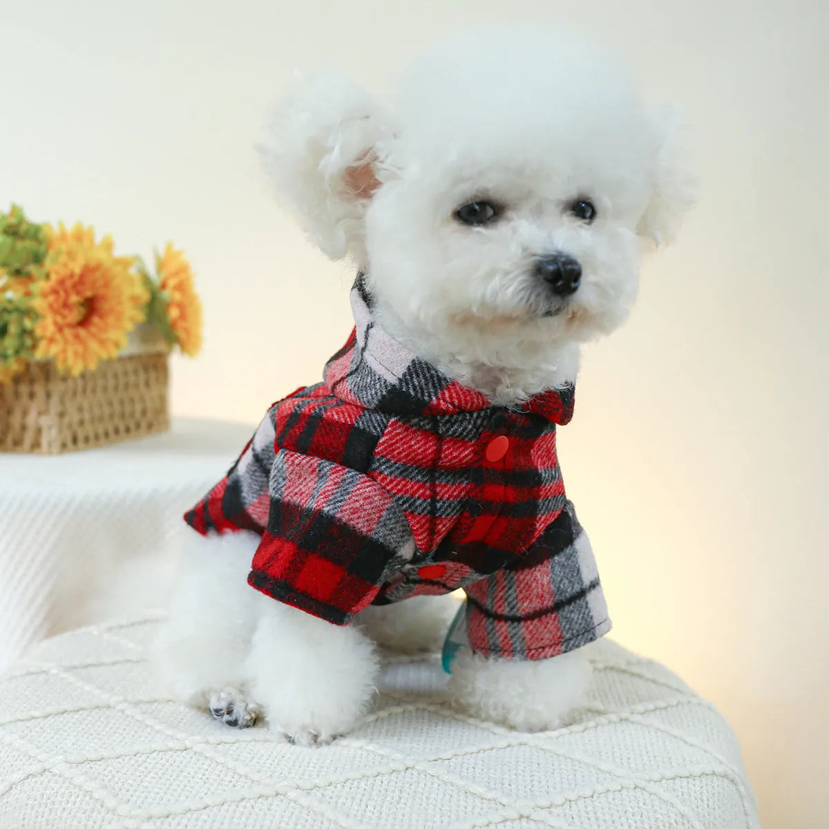 Red plaid polyester pet trench coat for dogs or cats with five size options from XS to XL