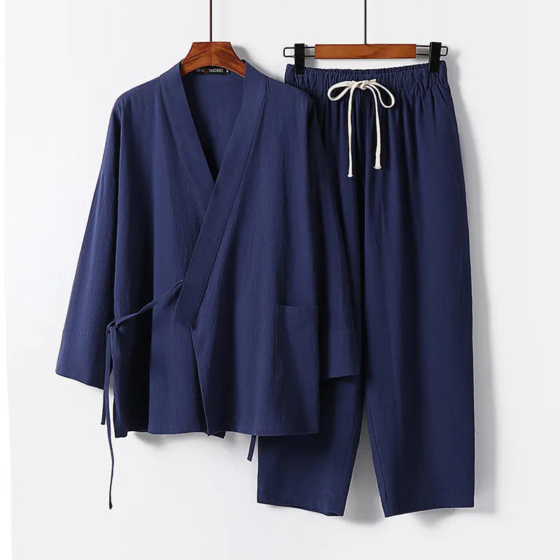Cardigan style Hanfu two-piece suit in cotton fabric showing traditional Chinese design with loose-fitting top and trousers