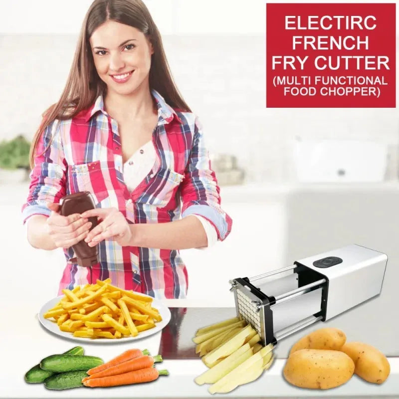 Black electric french fry cutter machine with stainless steel blades on a kitchen countertop.