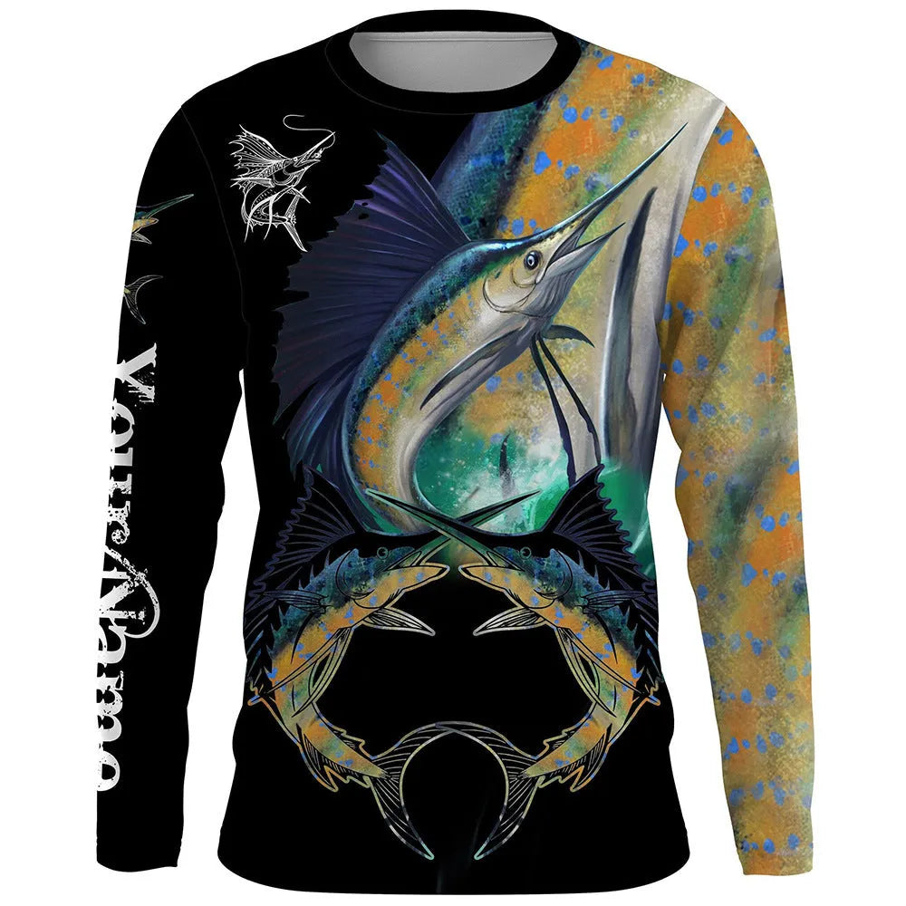 Men's grey round neck pullover with a large colourful fish graphic print on the front.