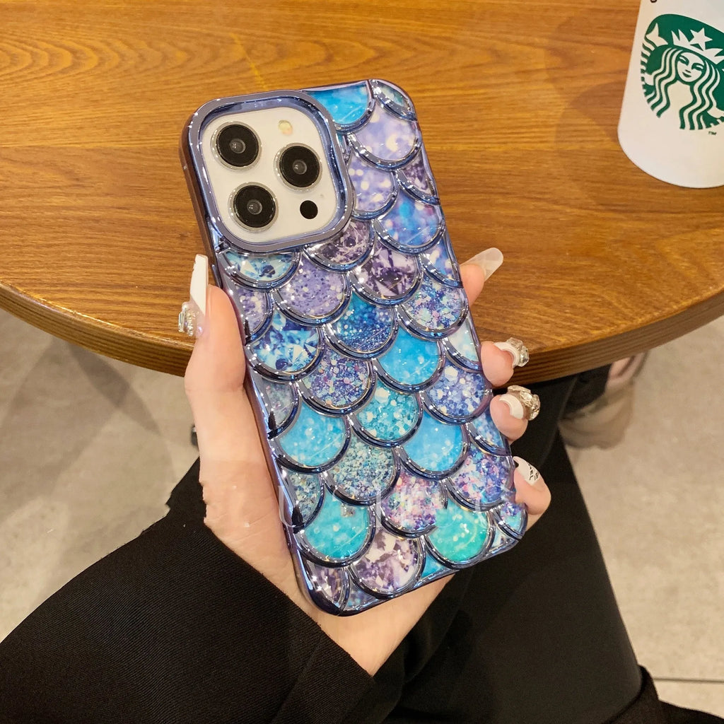 Mermaid scale TPU phone case for iPhone, electroplated finish, shows three-dimensional texture in Gold colour