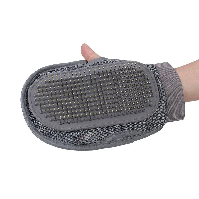 Gray rubber TPR pet grooming glove with steel needle tips for dog and cat bath massage