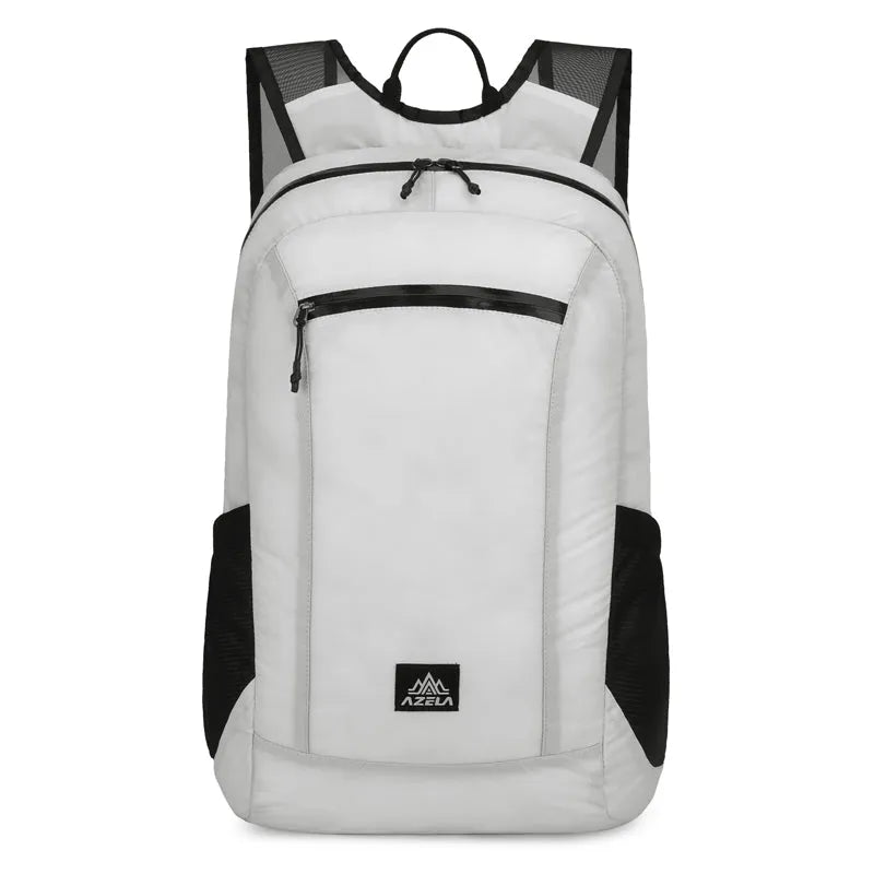 AZELA lightweight white hiking backpack with multiple pockets and breathable mesh straps for outdoor use