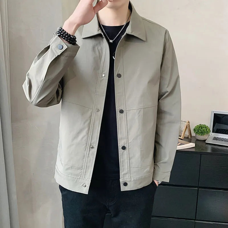 Korean style men's thin single-layer jacket in polyester, shown in light grey colour with long sleeves.