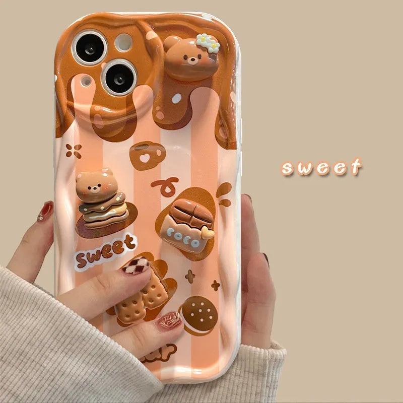 Cream pattern silicone phone case with chocolate doll lanyard for Apple iPhone anti-fall protection