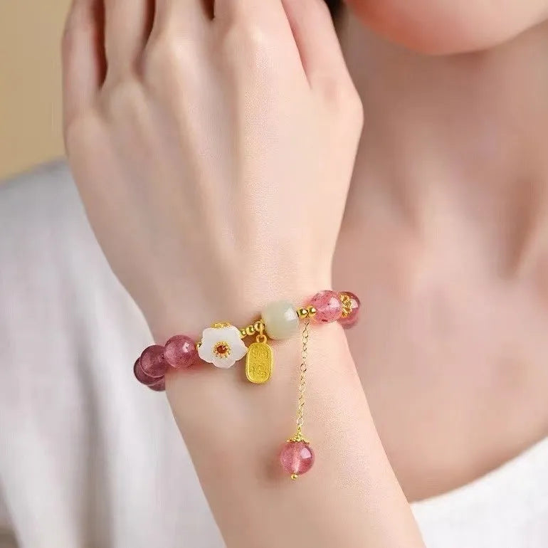 Handcrafted crystal bracelet with Hetian jade, peach blossom stone and strawberry quartz beads in natural design