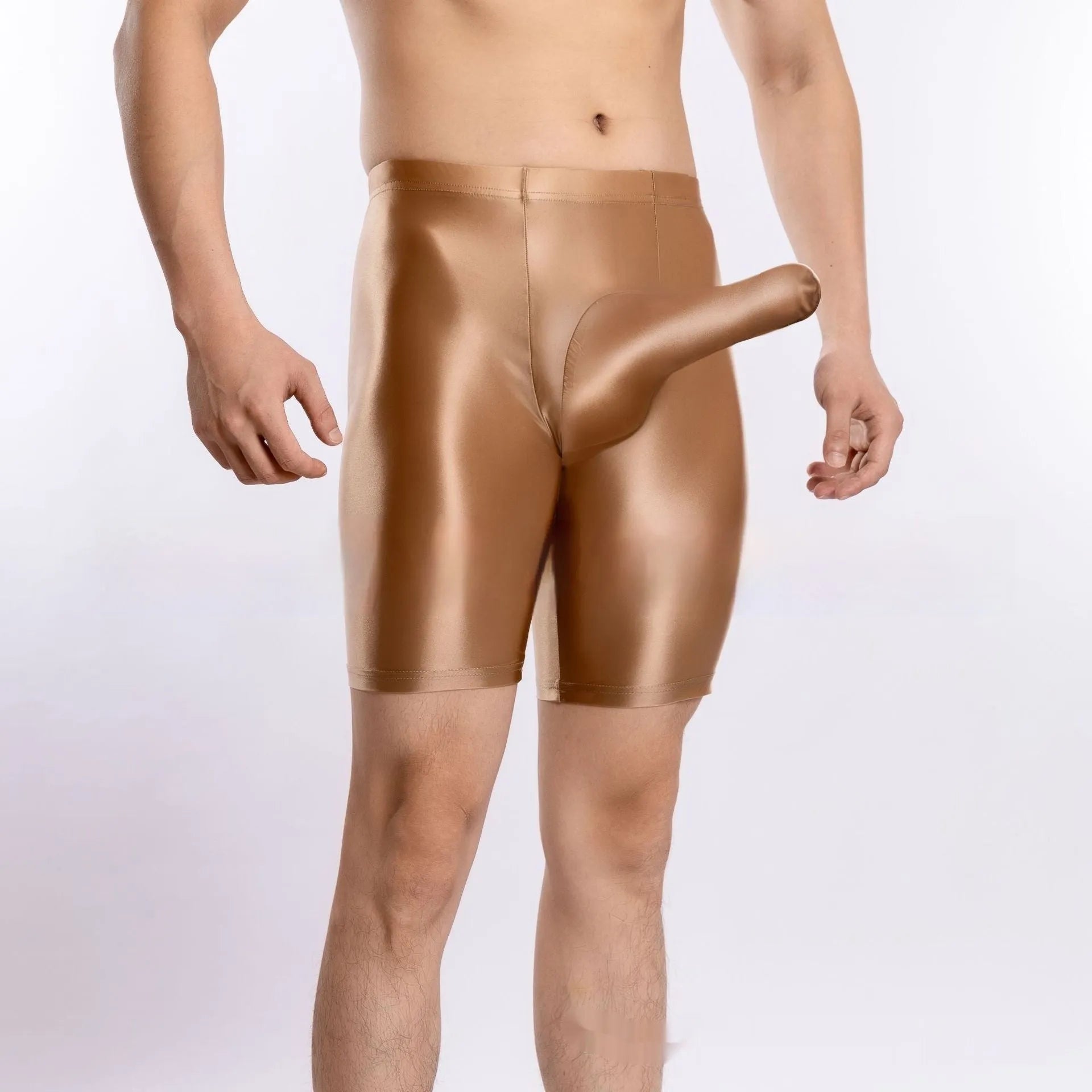 Plus size shiny nylon sports shorts for men in multiple colours on a size chart.
