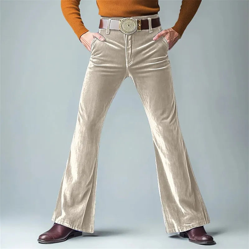 Men's gold velvet slim flared suit pants in black colour showing slight flare detail