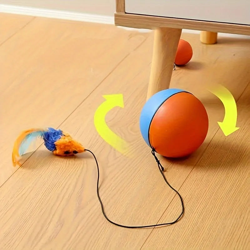 Interactive blue and orange cat toy with plush mouse and ball elements for feline exercise