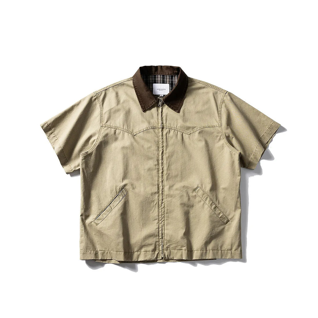 Washed cotton overalls shirt with short sleeves in khaki colour, loose fit for teenage casual wear
