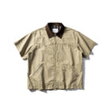 Washed cotton overalls shirt with short sleeves in khaki colour, loose fit for teenage casual wear