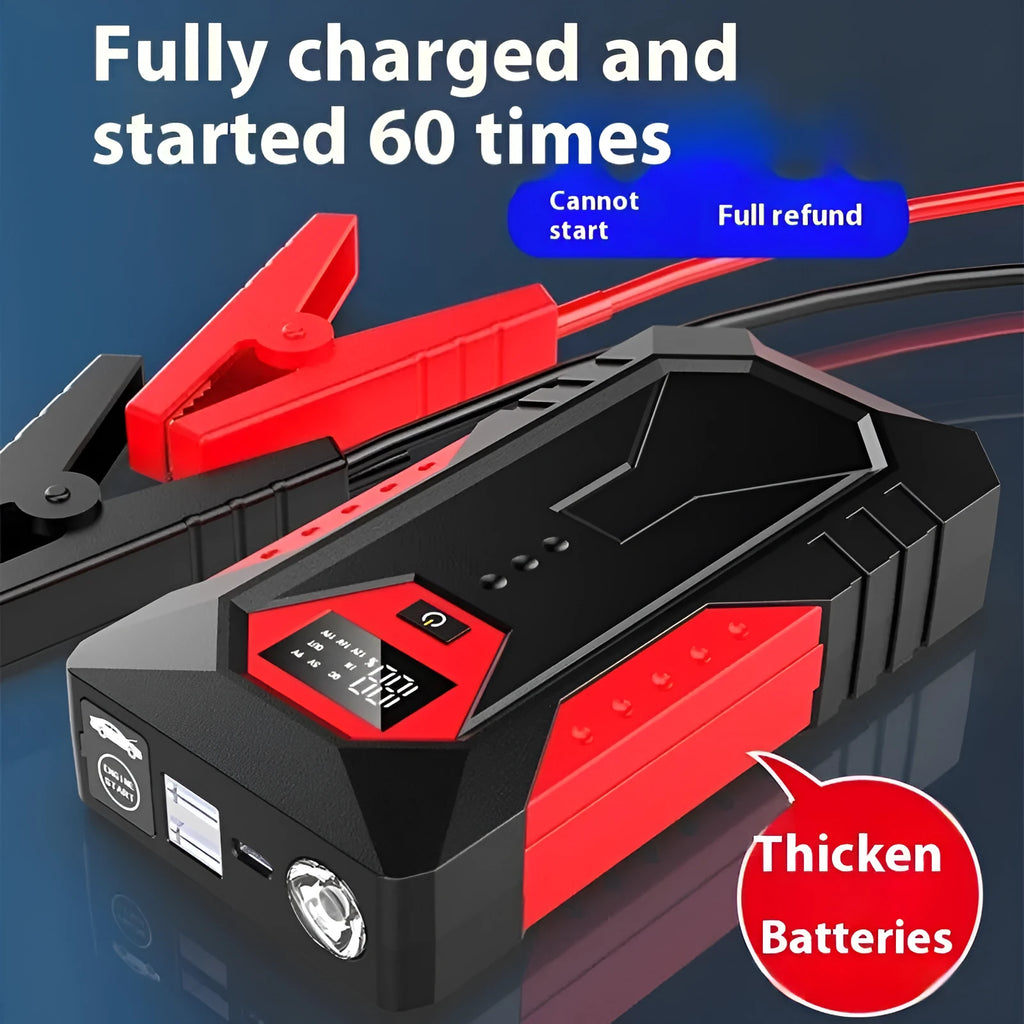 Red 12V car jump starter with battery clamps and 18800mAh capacity for emergency vehicle starting