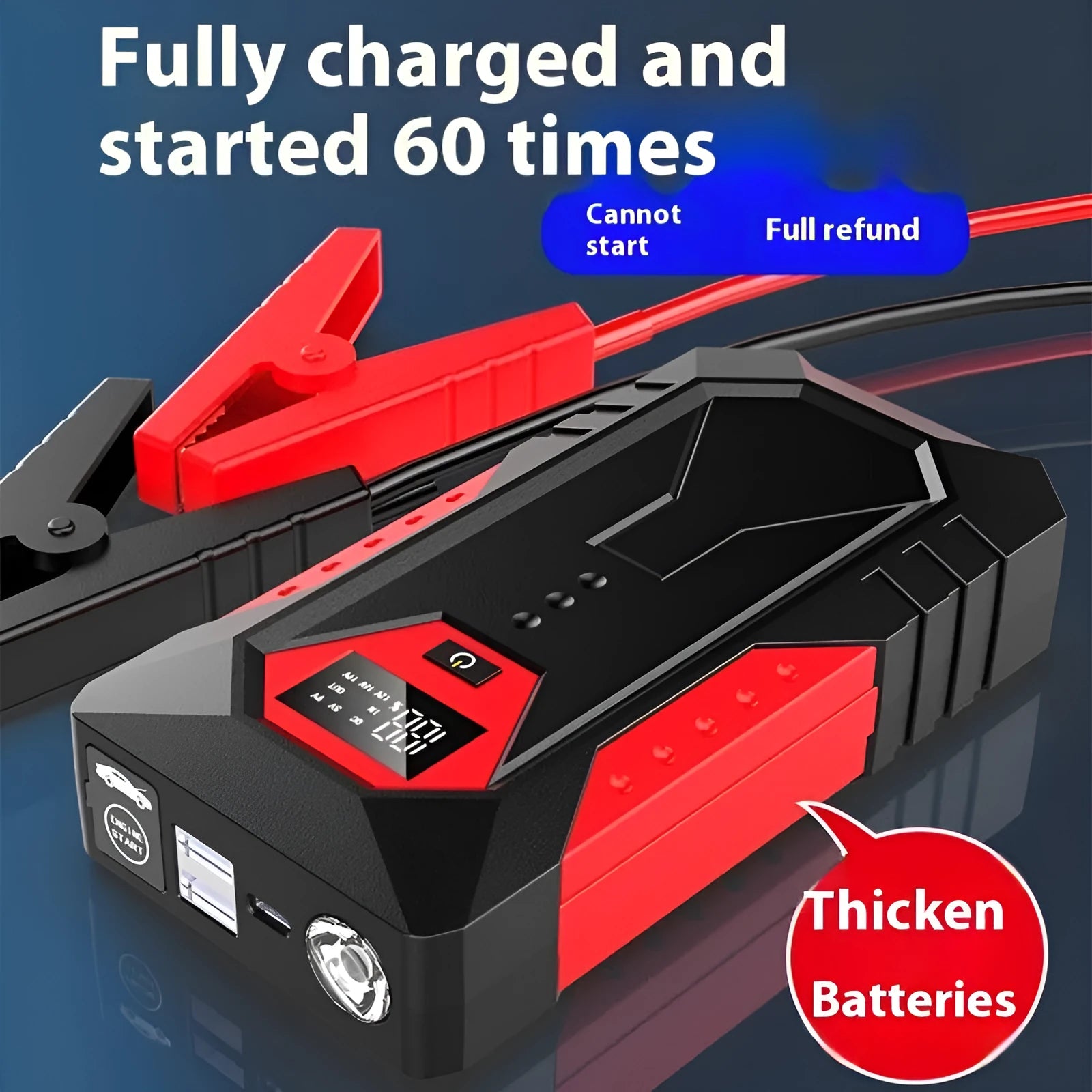 Red 12V car jump starter with battery clamps and 18800mAh capacity for emergency vehicle starting